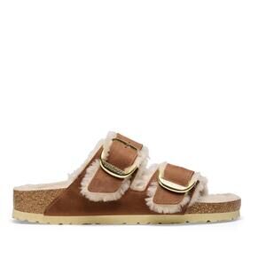 NEW BIRKENSTOCK women's arizona big buckle shearling slippers in cognac